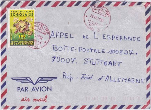 Togo - 180 Fr. 120 J. Weltpostverein Luftpostbrief Lome - Stuttgart 1994