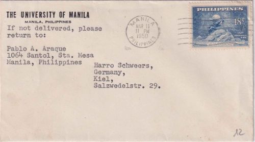 Philippinen - 18 C. 75 J. UPU/Weltpostverein Luftpostbrief Manila - Kiel 1950