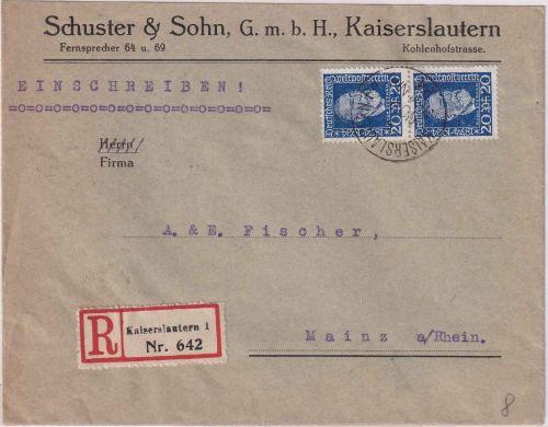 DR - 2x20 Pfg. 50 J. UPU/H.v. Stephan Einschreibebrief Kaiserslautern 7.11.24