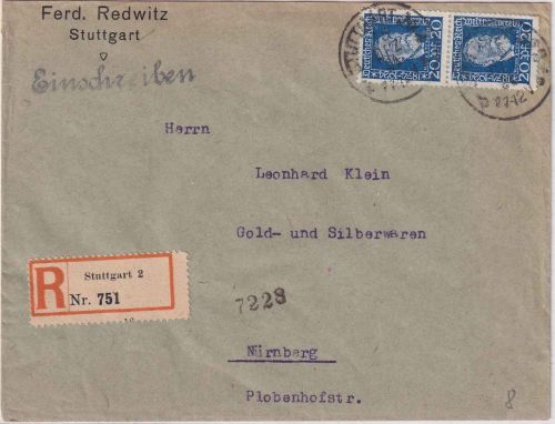 DR - 2x20 Pfg. 50 J. UPU/H.v. Stephan Einschreibebrief Stuttgart 15.12.24