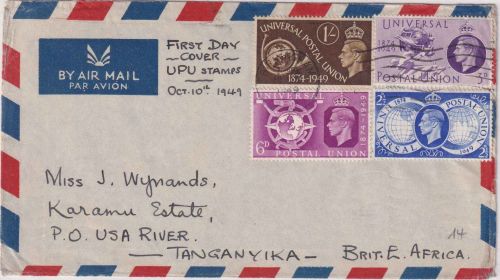 England - 75 J. UPU/Weltpostverein Luftpostbrief/FDC Birmingham 10.10.1949
