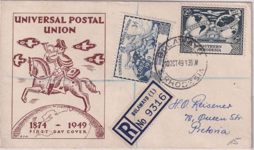 Southern Rhodesia - 75 J. UPU/Weltpostverein Schmuck-FDC/R-Brief Bulawayo 1949