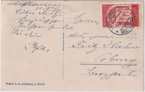 Schweiz - 20 C. 50 J-. UPU/Weltpostverein Karte Schaffhausen - Coburg 11.10.24