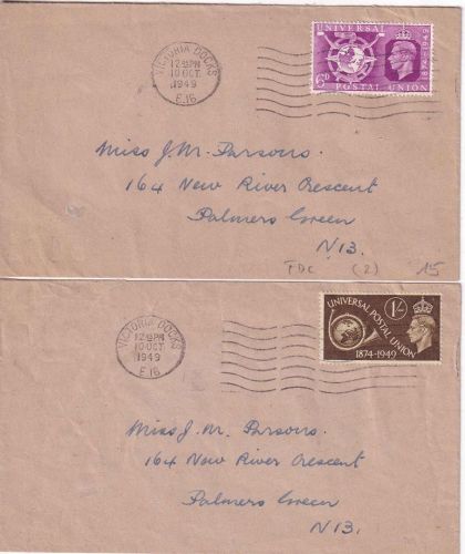England - 1 Sh. + 6 P. 75 J. UPU/Weltpostverein 2 FDC Victoria Docks 10.10.1949