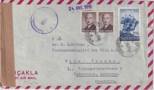 Türkei - 20 K. 75 J. UPU/Weltpostverein u.a. Luftpostbrief Istanbul 1949 Zensur