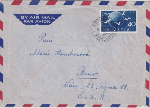 Schweiz - 40 Rp. 75 J. UPU/Weltpostverein Luftpostbrief i.d. CSSR Zürich 16.5.49