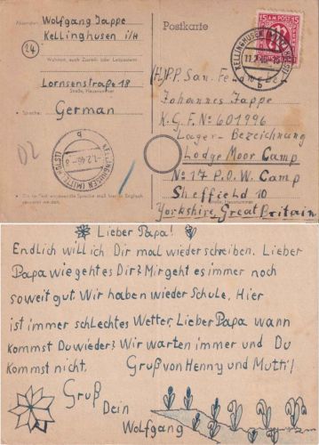 AM-Post - 15 Pfg. dt. Druck Kriegsgefangenenkarte n ENGLAND Kellinghusen 11.2.46