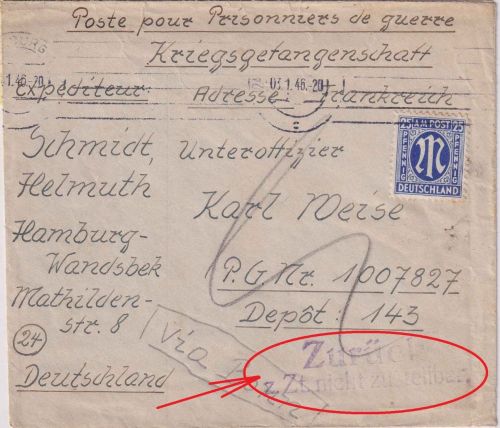 AM-Post - Hamburg 3.1.46 Kriegsgefangenenbrief n. FRANKREICH Retour-L2 !!