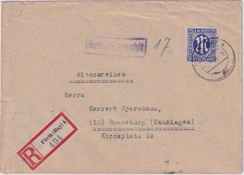 AM-Post - Fürth 4 12.1.46 Teilbarfrankatur Einschreibebrief n. Ronneburg