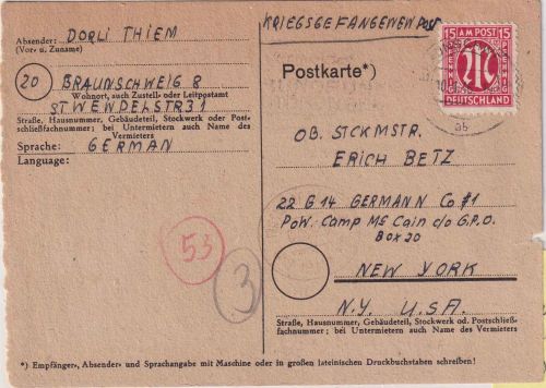 AM-Post - 15 Pfg. dt. Druck Kriegsgefangenenkarte n. USA Braunschweig 10.1.46