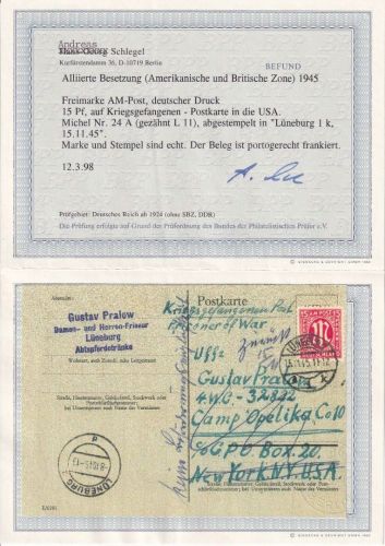 AM-Post - Kriegsgefangenenkarte n. USA Lüneburg 15.11.45 Retourvermerk !!