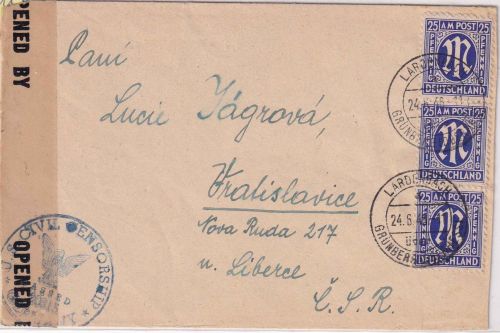 AM-Post - 3x25 Pfg. amerik. Druck Zensurbrief i.d. CSSR Lardenbach ü. Grünberg
