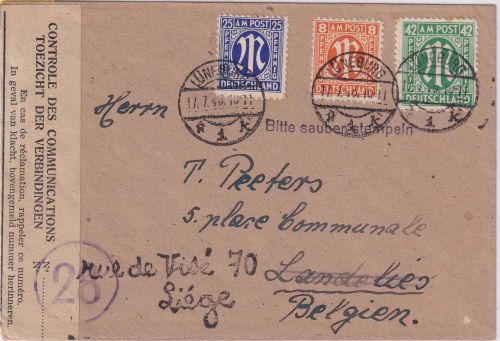 AM-Post - 42+8+25 Pfg. Zensurbrief n. BELGIEN Lüneburg - Landelies/Liege 17.7.46