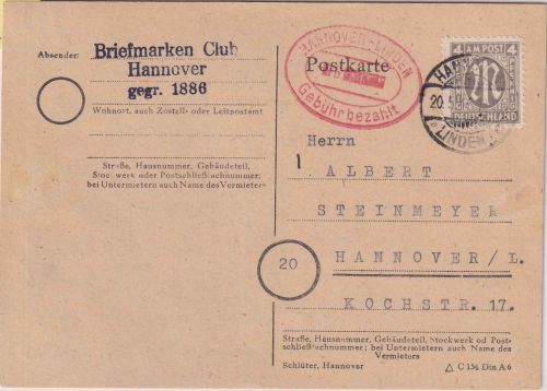 AM-Post - Hannover-Linden 20.5.46 Teilbarfrankatur 4 Pfg./Gebühr bez. Ortskarte