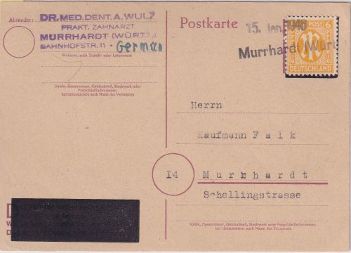 AM-Post - Murrhardt (Württ.) Aushilfsstempel L1 + Dat.-L1 15. JAN 1946 Ortskarte