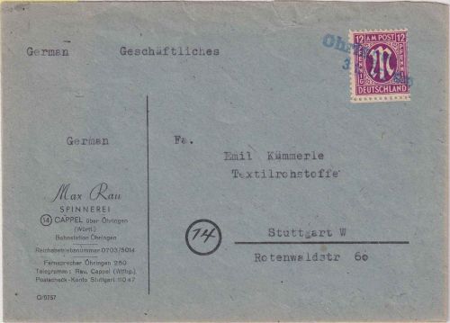 AM-Post - Öhringen 31. DEZ 1945 Aushilfsstempel L1 + Dat.-L1 Brief n. Stuttgart