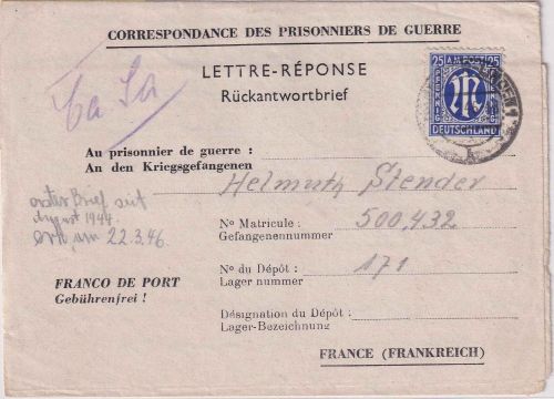 AM-Post - 25 Pfg. Kriegsgefangenenbrief n. FRANKREICH Hannover-Linden 6.1.1946