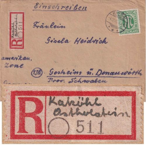 AM-Post - 42 Pfg. Einschreibebrief Kaköhl - Gosheim 4.12.45 - Inhalt !!