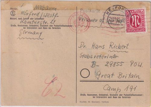 AM-Post - 15 Pfg. dt. Druck Kriegsgefangenenkarte n. ENGLAND Herford 24.11.45