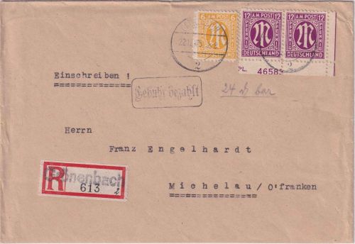 AM-Post - 12 Pfg. waagr. Paar/Plattennummer u.a. Teilbarfrankatur 22.12.45