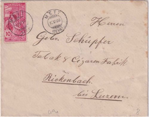Schweiz - 10 Rp. 25 J. UPU/Weltpostverein Brief Mett - Rickenbach b. Luzern 1900