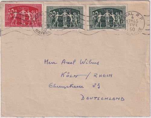 Frankreich - 15+2x5 Fr. 75 J. UPU/Weltpostverein Brief Laval - Köln 1950