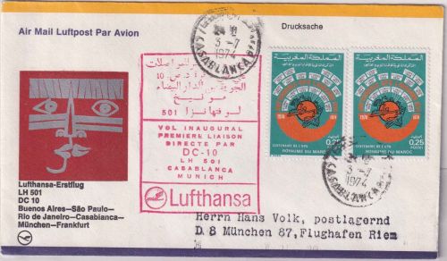 Marokko - 2x75 C. 100 J. UPU/Weltpostverein LH-Erstflug Casablanca München 1974