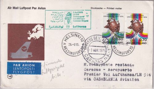 Finnland - 100 J. UPU/Weltpostverein LH-Erstflug Zuleitungspost Helsinki 1975