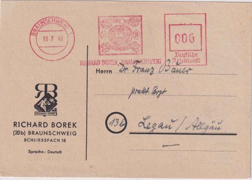All.Bes. - Braunschweig 1947 6 Pfg. AFS "Borek" Drucksachenkarte n. Legau