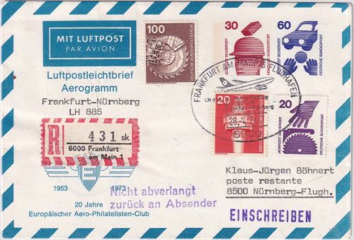 BRD - 30+60 Pfg. UV Privatganzsache/Aerogramme LH-Erstflug FFM-Nürnberg 1977