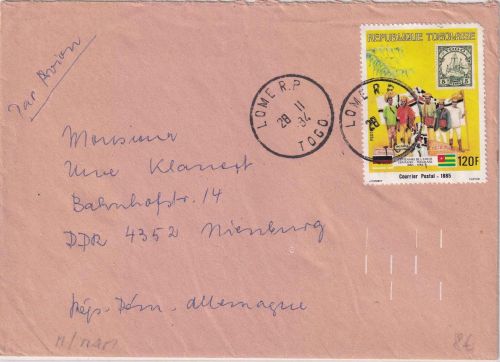 Togo - 120 Fr. 100 J. Dt.-Togol. Freundschaft Luftpostbrief Lome - Nienburg 1984