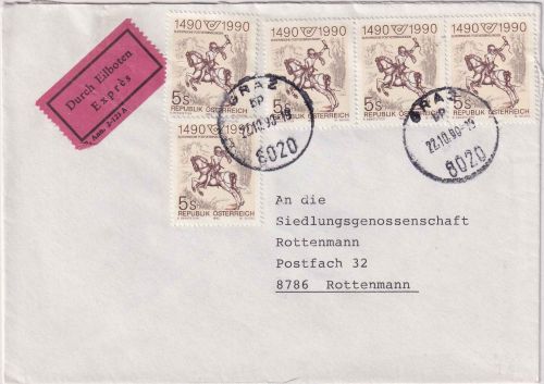 Österreich - 5x5 S. Postreiter Eilbrief Graz - Rottenmann 22.10.90