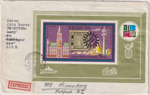 Ungarn - 10 Ft. IBRA München Blockausgabe Eilbrief Kecskemet - Pinneberg 1973