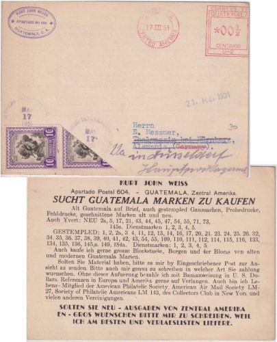 Guatemala - 1 C.+1 C. Halbierung (!) UPU-Denkmal + PFS Drucksachenkarte 1951