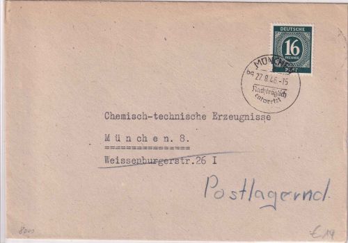 All.Bes. - München 2 "Nachträglich entwertet" Ortsbrief (postlagernd) 27.8.46