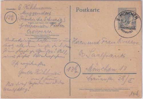 All.Bes. - München 2 "Nachträglich entwertet" 12 Pfg. Ganzsache Muggendorf 1947