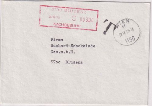 Österreich - Bludenz 1970 3 S. Nachgebühr roter Ra3 Brief v. Wien 22.12.70