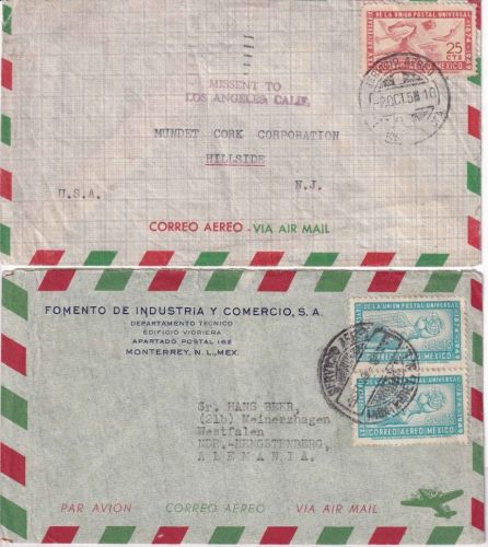 Mexiko - 75 Jahre UPU/Weltpostverein 2 Luftpostbriefe 1950