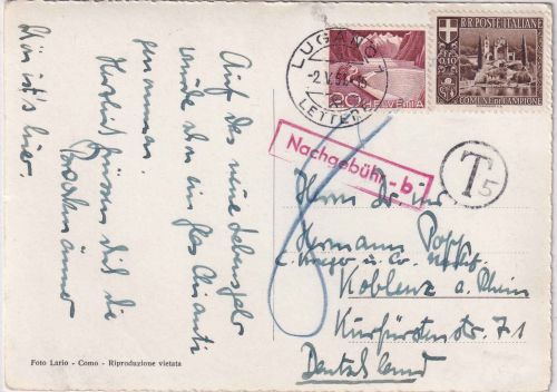 Schweiz/Campione - Lugano 1950 Mischfrankatur Karte n. Koblenz - Nachporto