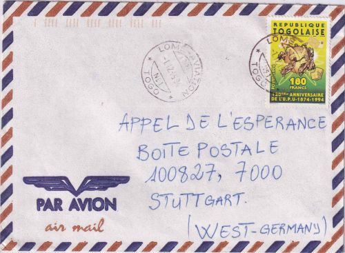 Togo - 180 Fr. 120 J. Weltpostverein Luftpostbrief Lome - Stuttgart 1994