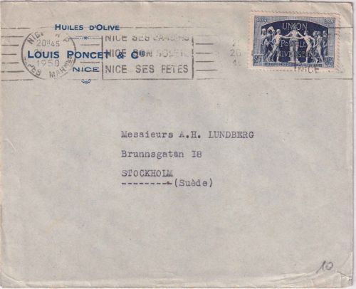Frankreich - 25 Fr. 75 J. UPU/Weltpostverein Brief n. SCHWEDEN Nice 1950