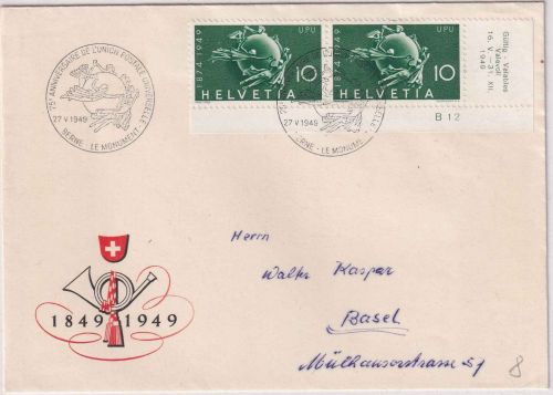 Schweiz - 2x10 Rp. 75 J. UPU/Weltpostverein Schmuckkuvert SST Bern 1949