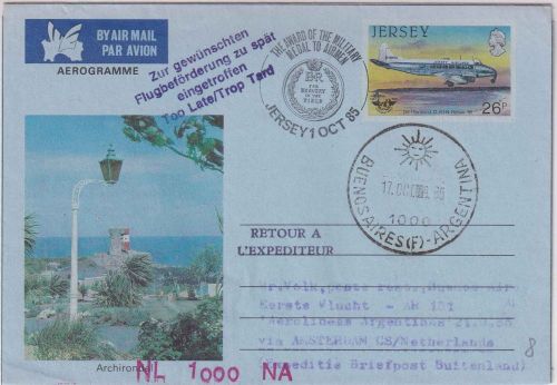 Jersey - 26 P. Ganzsache/Aerogramm Zuleitungspost AR Erstflug 1985