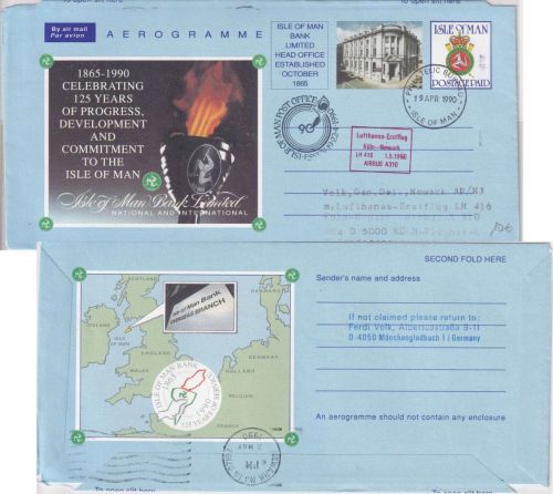 Isle of Man - 30 P. Ganzsache/Aerogramm "150 J. IoM Bank" 1990