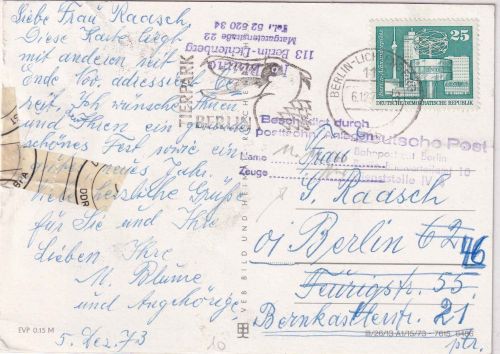 DDR - "Beschädigt durch posttechn. Anlagen..." Hinweis-L4 Ortskarte Berlin 1973