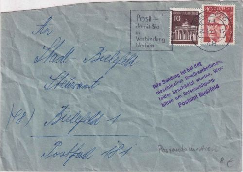 BRD - Bielefeld 1975 Ortsbrief "Ihre Sendung ist ...beschädigt..."