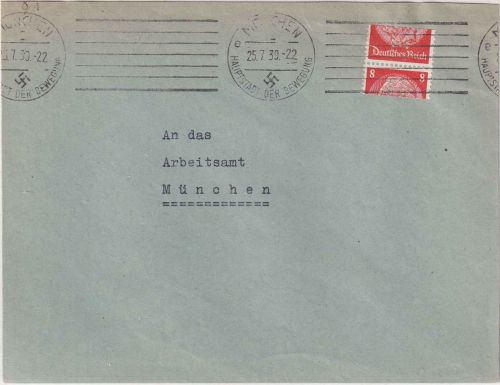 DR - 8 Pfg. Hindenburg Maschinenschnitt Perfin "JLM" Ortsbrief 25.7.39
