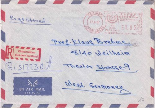 Ethiopien - Addis Ababa 1987 1,85 Br. PFS Luftpost-Einschreibebrief n. Weilheim