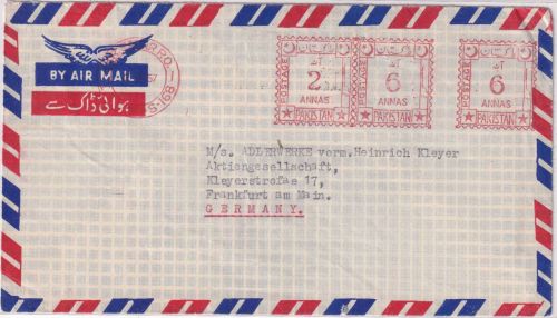 Pakistan - 6+6+2 A. Gebührenstempel Luftpostbrief Karachi - Frankfurt a/M 1957