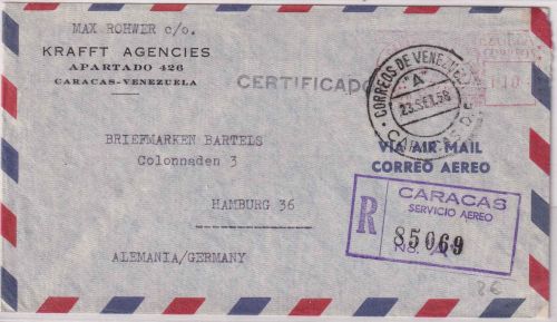 Venezuela - 1,10 B. Gebührenstempel Luftpost-Einschreibebrief Caracas 1958